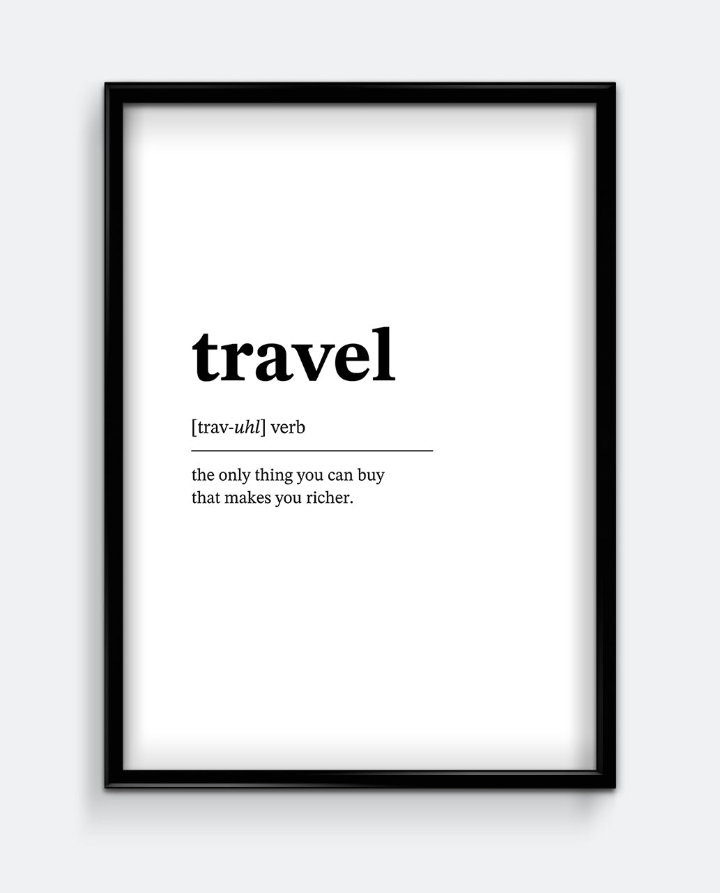 Framed poster with the word 'travel' and its definition on a white background