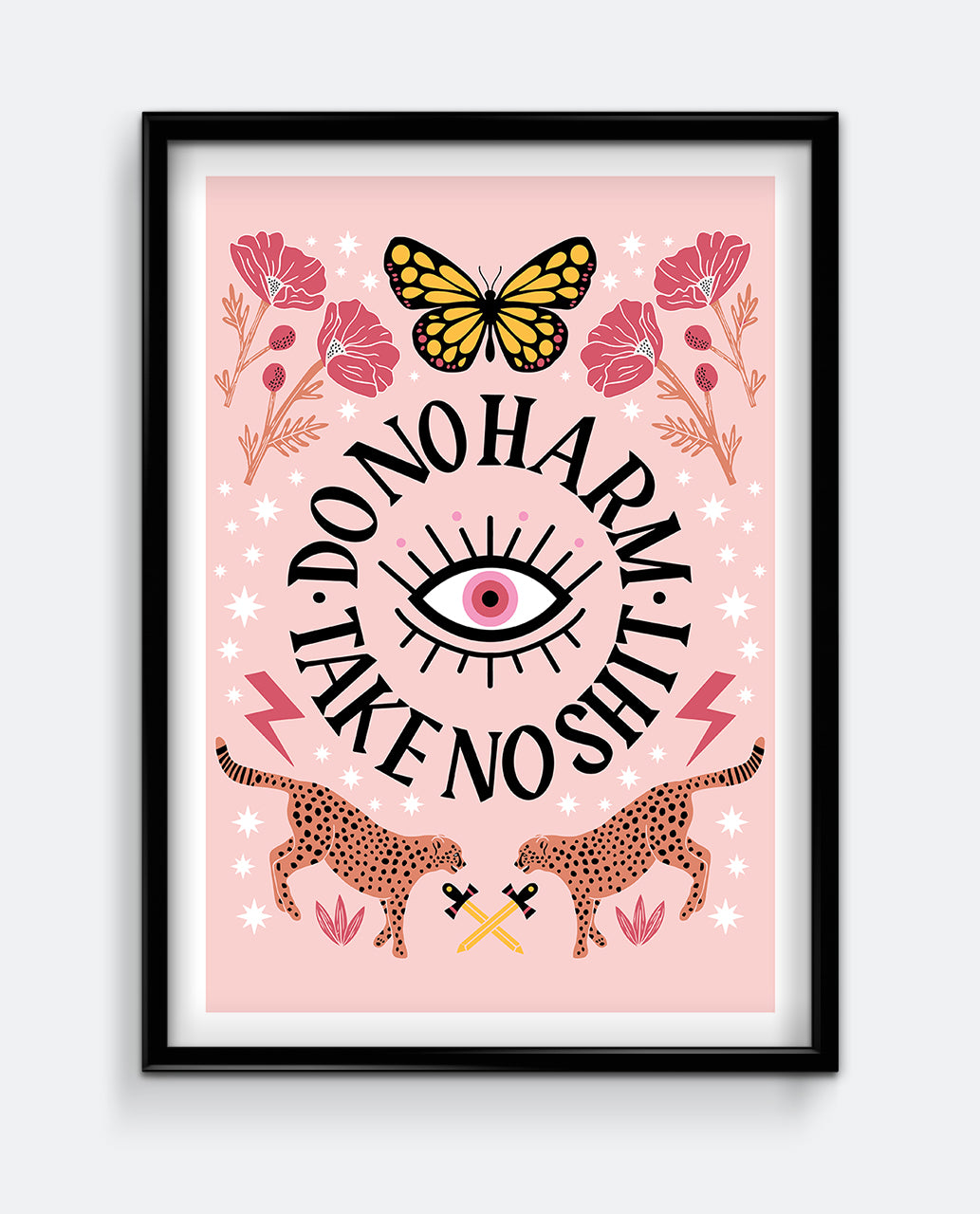 Framed artwork with butterfly, flowers, and text on a pink background