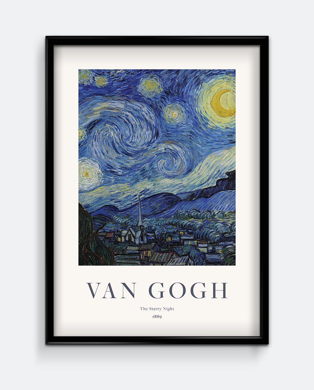 A framed print of 'The Starry Night' by Vincent Van Gogh, depicting a swirling night sky over a tranquil village.