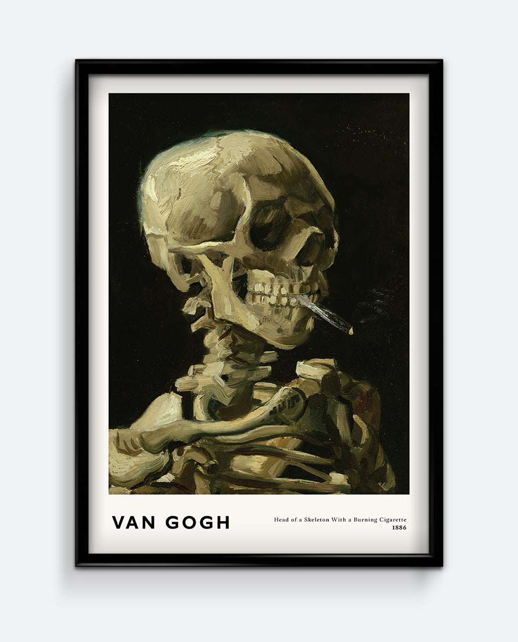 Framed artwork of Van Gogh's 'Skull of a Skeleton with a Burning Cigarette' on a white background