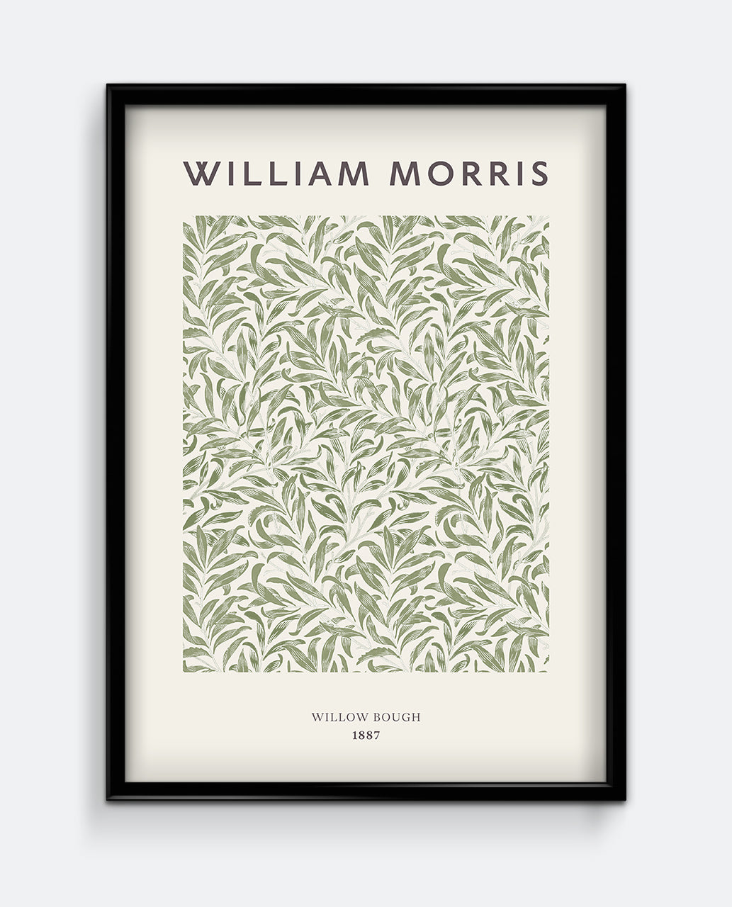 A framed art print featuring a willow bough pattern design by William Morris, with the artist's name and the year 1897 at the bottom.