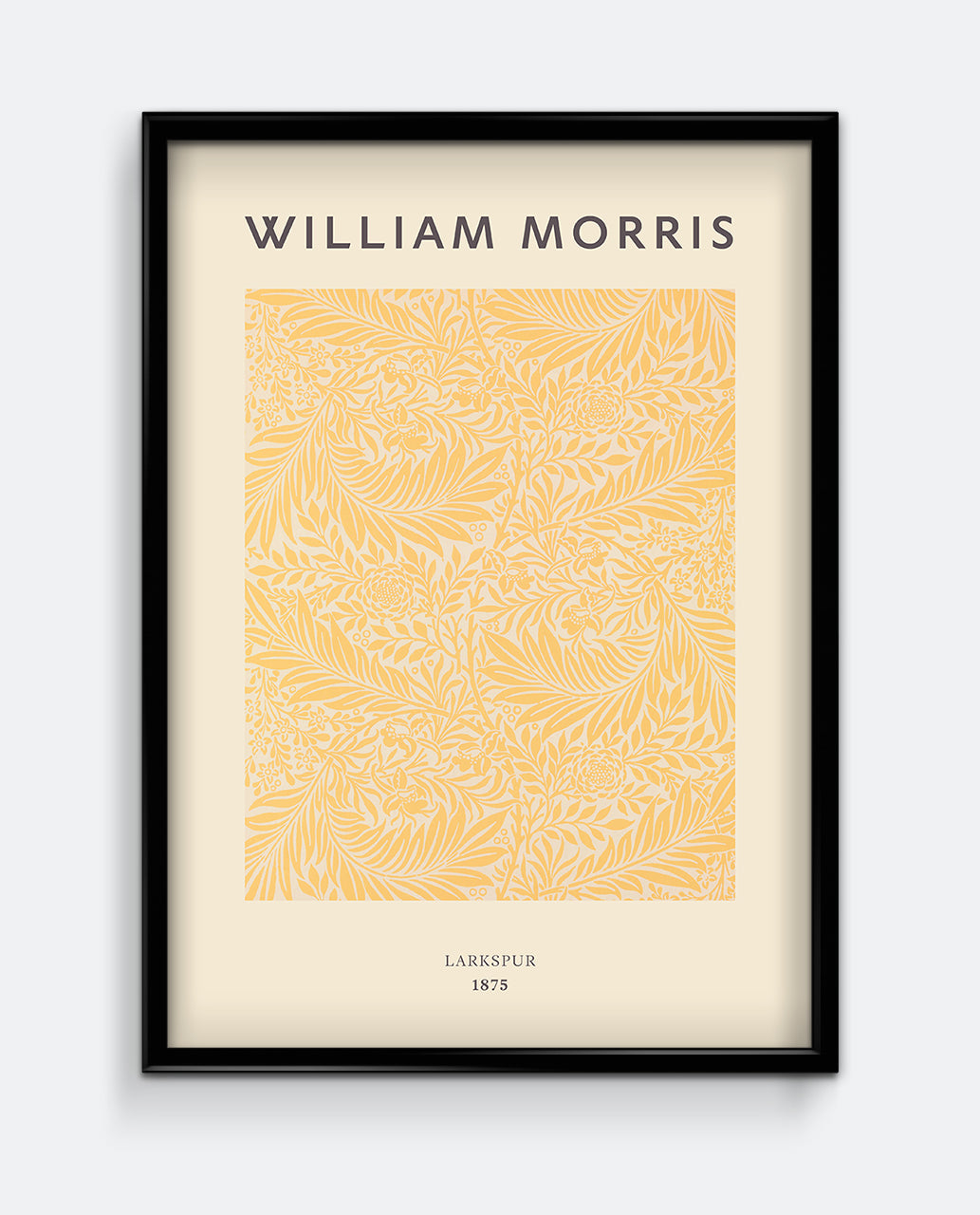 A framed art print featuring a yellow and white floral pattern with the text 'WILLIAM MORRIS' at the top.