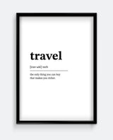 Framed poster with the word 'travel' and its definition on a white background
