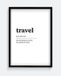 Framed poster with the word 'travel' and its definition on a white background
