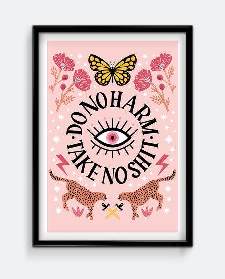 Framed artwork with butterfly, flowers, and text on a pink background