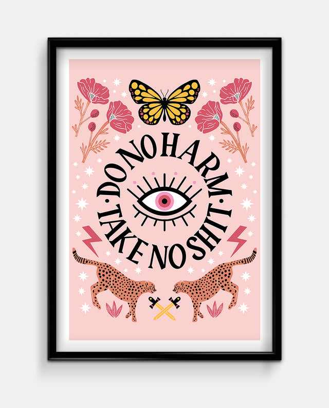 Framed artwork with butterfly, flowers, and text on a pink background