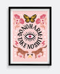 Framed artwork with butterfly, flowers, and text on a pink background