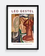 Framed artwork by Leo Gestel featuring two bathing women and a bridge figure.