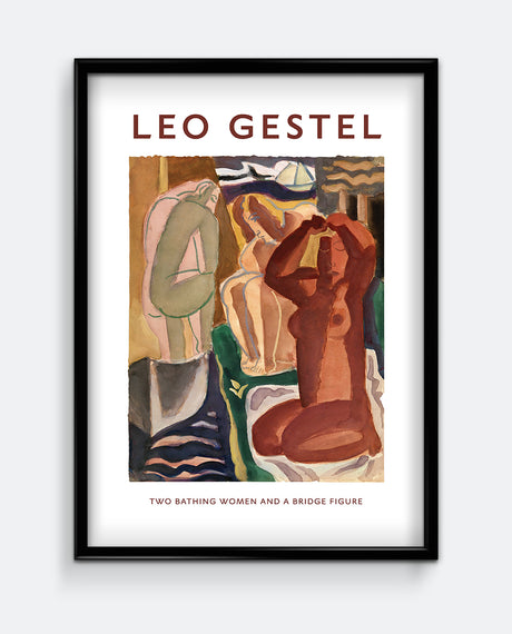 Framed artwork by Leo Gestel featuring two bathing women and a bridge figure.