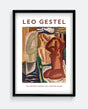 Framed artwork by Leo Gestel featuring two bathing women and a bridge figure.