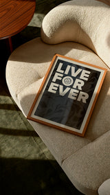 Live Forever Print – Bold Retro Typography Wall Art – Abstract Marble Background Poster