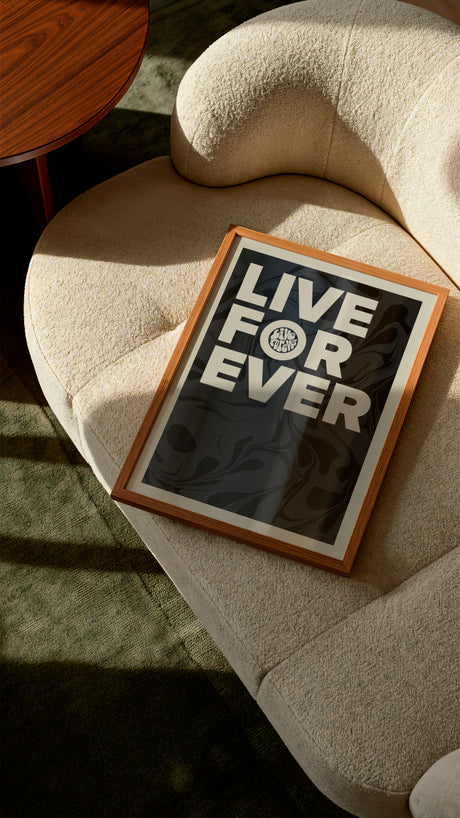 Live Forever Print – Bold Retro Typography Wall Art – Abstract Marble Background Poster