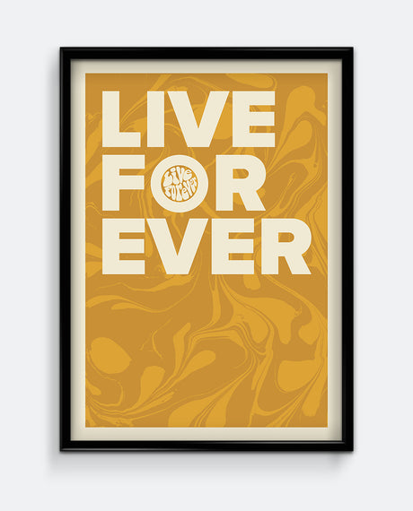 Live Forever Print – Bold Retro Typography Wall Art – Abstract Marble Background Poster