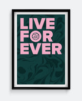 Live Forever Print – Bold Retro Typography Wall Art – Abstract Marble Background Poster