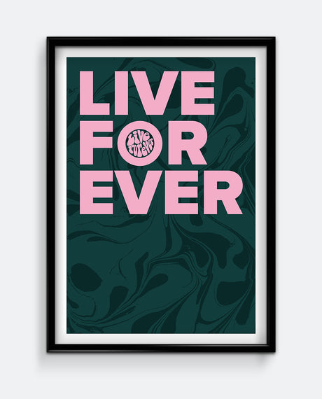 Live Forever Print – Bold Retro Typography Wall Art – Abstract Marble Background Poster