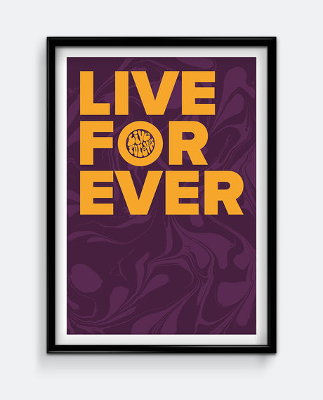 Live Forever Print – Bold Retro Typography Wall Art – Abstract Marble Background Poster