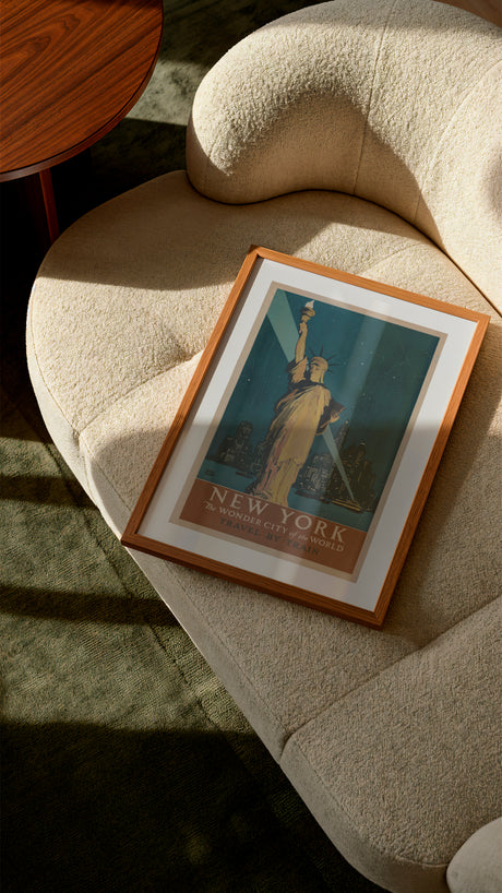 New York Travel Poster – Statue of Liberty Night Scene – Vintage Art Deco Wall Print