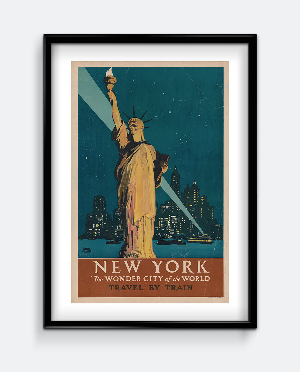 New York Travel Poster – Statue of Liberty Night Scene – Vintage Art Deco Wall Print