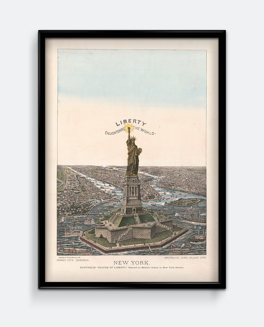 Statue of Liberty Antique Map Print – New York Harbour Illustration – Vintage Americana Wall Art